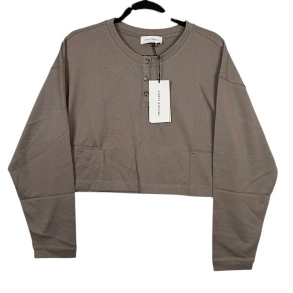 NEW! NINETY PERCENT Organic Cotton Crop Crew Button Neck Top Pebble OverSized XS